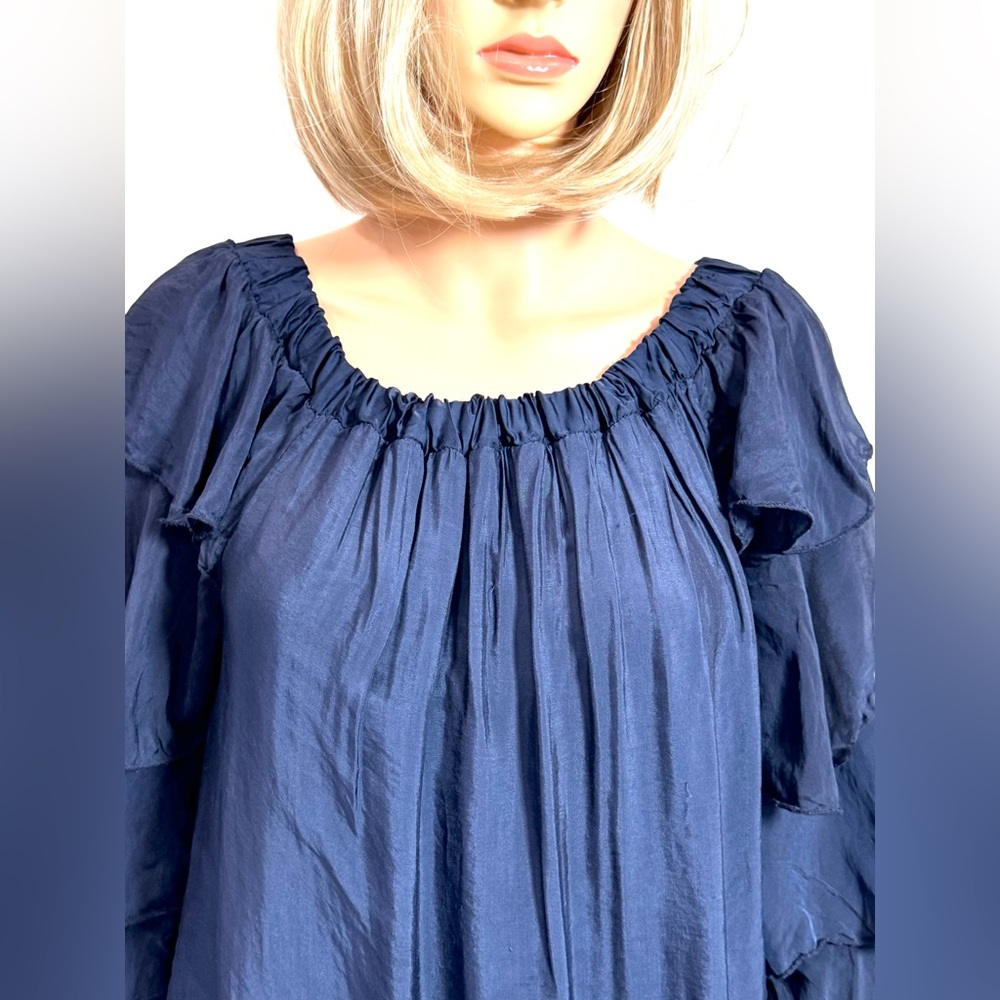 100% Silk Blue Ruffled Flutter Sleeve Blouse